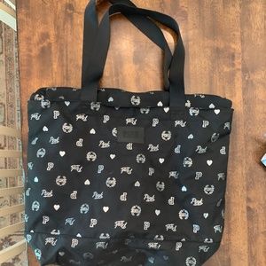 PINK Victoria's Secret Black Silver Large Canvas Shopper Shoulder Bag Purse Tote